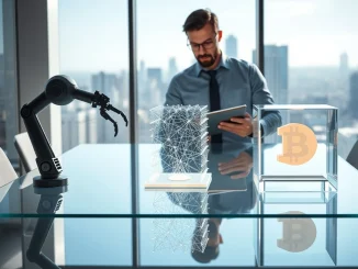 Paradigm AI robotics fund strategic shift depicted with AI, robotics, and crypto symbols in a venture capital setting.