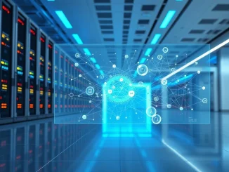 Secure government data center with AI visualization representing Pentagon development of alternative large language models.