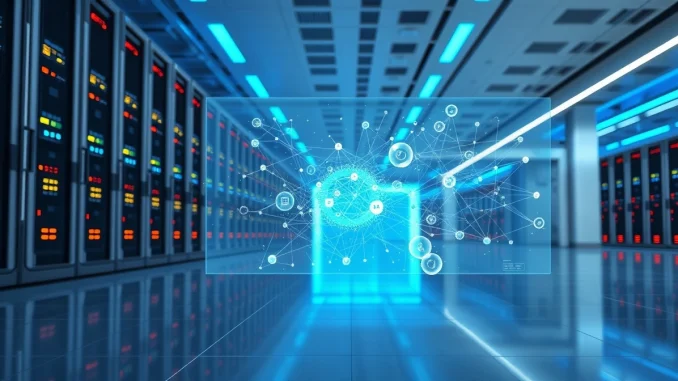 Secure government data center with AI visualization representing Pentagon development of alternative large language models.