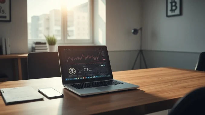 Laptop showing crypto charts and SEC, CFTC seals on desk in an office setting.