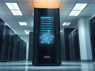 Pi Network v19.9 mainnet upgrade represented by a server node in a data center, symbolizing the completed blockchain migration.