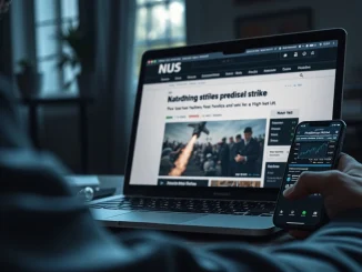 Laptop and phone showing a news article and prediction market app about an Iranian missile strike.
