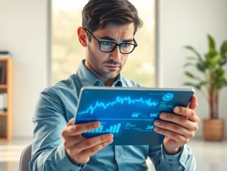 Financial analyst reviewing prediction market data on a tablet amid new insider trading regulations.