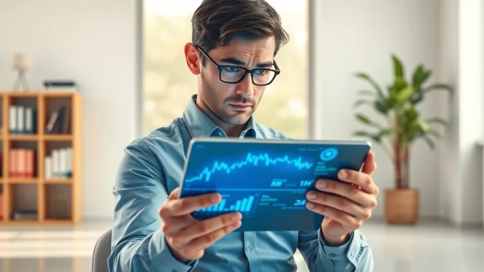 Financial analyst reviewing prediction market data on a tablet amid new insider trading regulations.