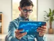 Financial analyst reviewing prediction market data on a tablet amid new insider trading regulations.