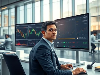 Financial analyst monitoring traditional stock charts and prediction market platforms side-by-side on trading desk.