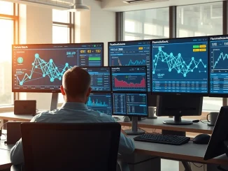 Analyst reviewing Quant blockchain network data and QNT price charts on trading desk monitors
