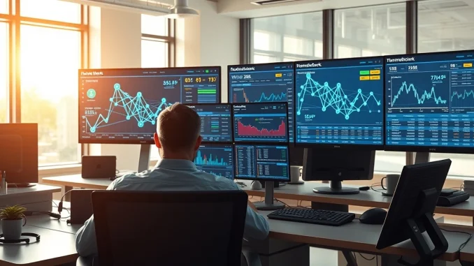 Analyst reviewing Quant blockchain network data and QNT price charts on trading desk monitors