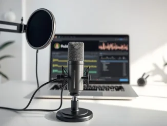 Rebel Audio AI podcasting tool setup with microphone and editing software for content creators.