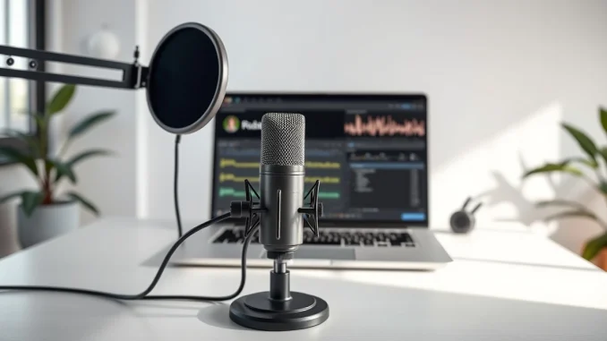 Rebel Audio AI podcasting tool setup with microphone and editing software for content creators.