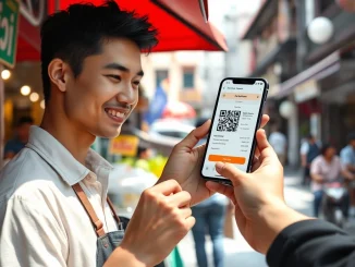 Thai merchant using a reliable crypto payment gateway on a smartphone in Bangkok.