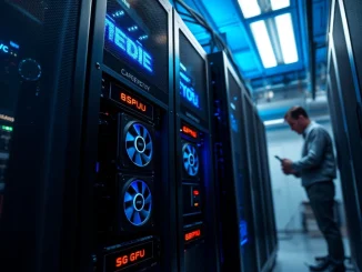 Modern data center server rack with GPU components powering the Render Network's decentralized computing platform.