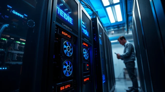 Modern data center server rack with GPU components powering the Render Network's decentralized computing platform.
