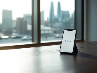 Revolut UK banking license announcement with smartphone displaying banking app in London office setting