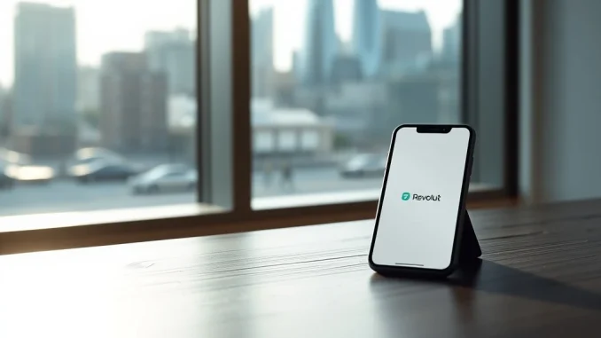 Revolut UK banking license announcement with smartphone displaying banking app in London office setting