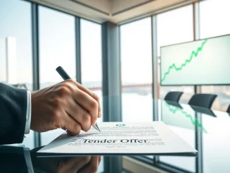 Ripple's $750 million share buyback tender offer being signed in a corporate boardroom.