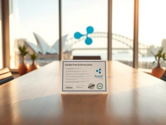 Ripple's Australian financial license acquisition visualized with blockchain data flow over Sydney skyline