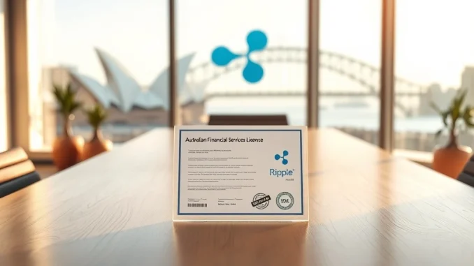 Ripple's Australian financial license acquisition visualized with blockchain data flow over Sydney skyline