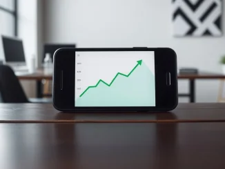 Robinhood app on a smartphone showing a stock chart, representing the company's financial strategy and market activity.