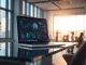 AI sales automation startup Rox AI office workspace with data visualizations on screen.
