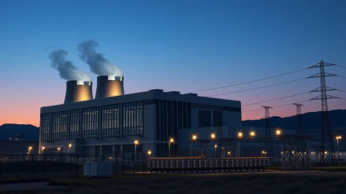 A large data center facility at dusk, representing the infrastructure targeted by the proposed construction ban.