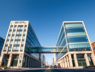 SEC and CFTC buildings connected by bridge symbolizing regulatory coordination and oversight