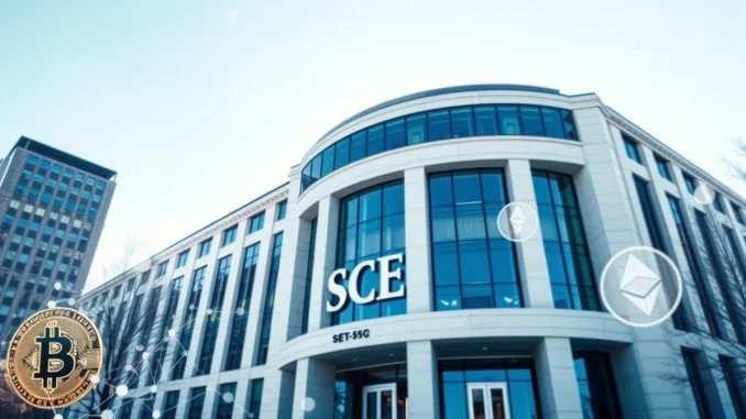 SEC headquarters with blockchain elements representing crypto asset regulatory clarification