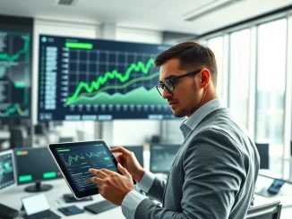 Financial analyst monitoring cryptocurrency market data and blockchain transactions in a professional setting.