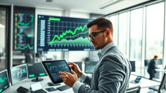 Financial analyst monitoring cryptocurrency market data and blockchain transactions in a professional setting.