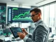 Financial analyst monitoring cryptocurrency market data and blockchain transactions in a professional setting.