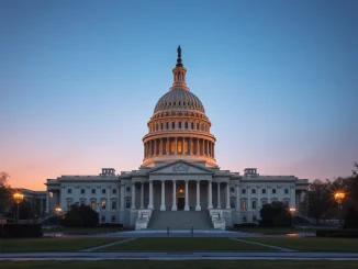 US Capitol building at dusk representing delayed cryptocurrency market structure legislation in Washington D.C.