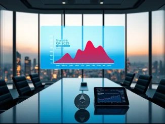 Sharplink boardroom with digital display showing $735 million loss chart and Ethereum price decline data for 2025.