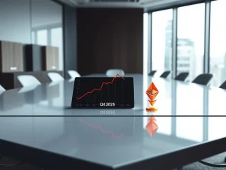 Sharplink boardroom with tablet showing financial loss graph and Ethereum logo hologram.