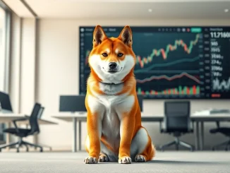 Shiba Inu dog in a financial setting representing SHIB cryptocurrency market analysis.
