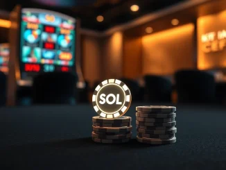 Solana casino high roller strategy with glowing SOL poker chips on a luxury gaming table.