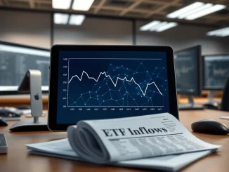 Analyst's tablet showing Solana price drop graph alongside ETF inflow report, illustrating market resilience.