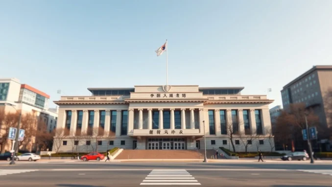 South Korean National Assembly building with cryptocurrency trading data overlay representing crypto tax debate