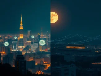 Korean Peninsula cryptocurrency divide showing Seoul's digital economy versus Pyongyang's cyber operations