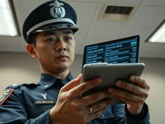 South Korean police officer reviewing cryptocurrency seizure guidelines on a digital tablet.