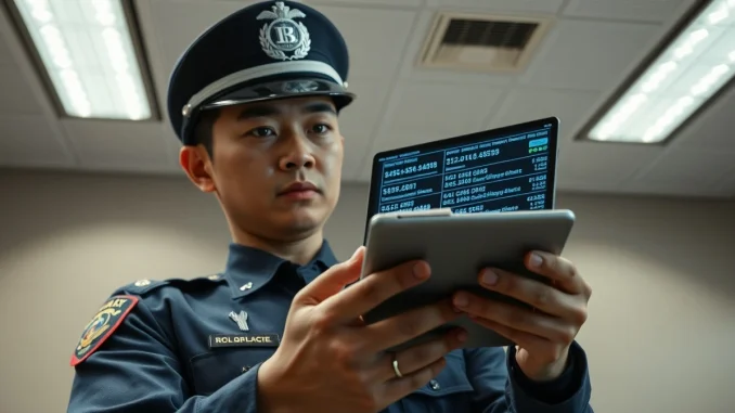 South Korean police officer reviewing cryptocurrency seizure guidelines on a digital tablet.