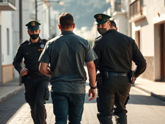 Spanish Civil Guard officers escorting an arrested suspect in the 2025 kidnapping of Ledger co-founder David Balland.
