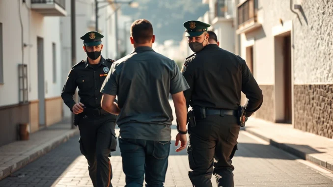 Spanish Civil Guard officers escorting an arrested suspect in the 2025 kidnapping of Ledger co-founder David Balland.