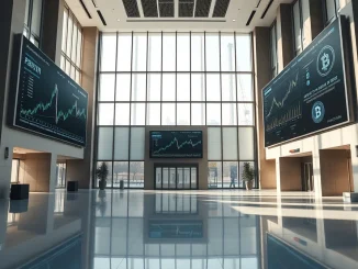 Modern bank interior with digital displays showing cryptocurrency data and blockchain networks.