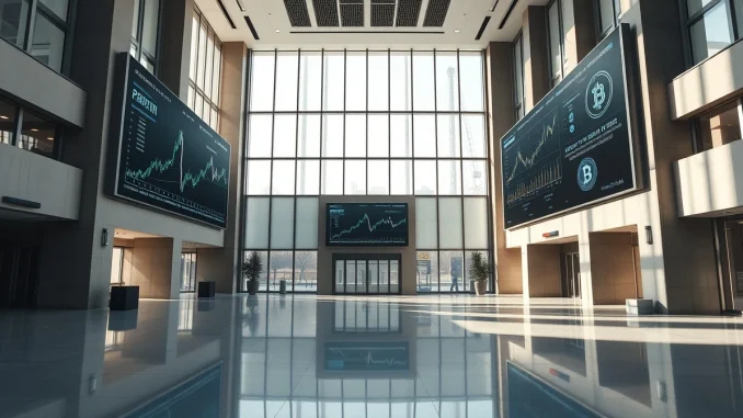 Modern bank interior with digital displays showing cryptocurrency data and blockchain networks.