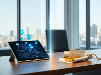 Stablecoins vs tokenized RWAs competition visualized with digital tokens and physical assets on an analyst's desk.