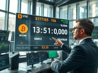 Financial analyst monitoring STRC trading volume and Bitcoin price data on digital display