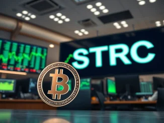 STRC trading data and Bitcoin symbol representing MicroStrategy's accelerated BTC acquisition race.