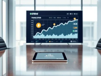 Corporate boardroom dashboard visualizing Strive Asset Management's $50M investment in Strategy's STRC Bitcoin-linked preferred stock.