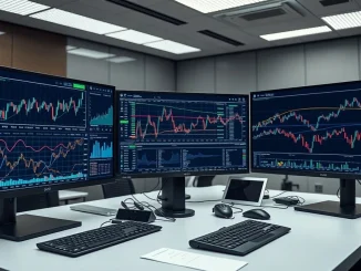 Analyst monitoring Sui cryptocurrency price charts and blockchain metrics on trading desk monitors.
