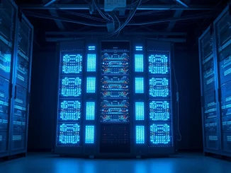 A server rack with glowing nodes representing decentralized AI infrastructure in a data center.
